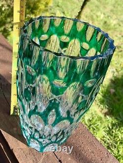 Stunning Lge Vintage Bohemian Czech Cut to Clear Art Glass Vase Teal/Torquoise