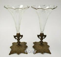 Stunning Pair French Bronze Cut Crystal Trumpet Shape Mantel Epergne Vases c1900