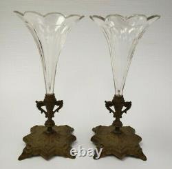 Stunning Pair French Bronze Cut Crystal Trumpet Shape Mantel Epergne Vases c1900
