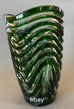 Stunning Vintage Czech Emerald Green Cut to Clear Crystal Large Vase