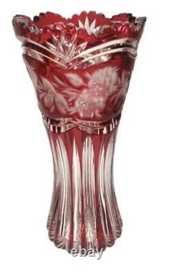 Stunning Vintage Ruby Red Cut To Clear Lead Crystal Vase 10