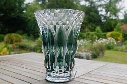 Stunning green Val St. Lambert cut crystal vase, height 27cm, large and heavy