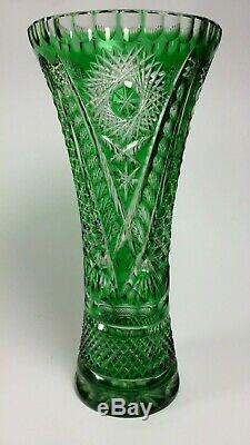 Tall Antique Bohemian Richly Cut to Clear Emerald Green Crystal Vase Czech 11