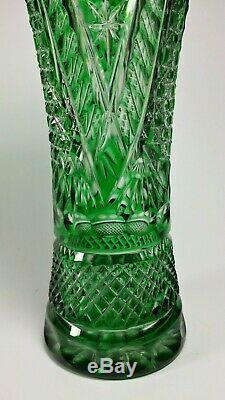 Tall Antique Bohemian Richly Cut to Clear Emerald Green Crystal Vase Czech 11
