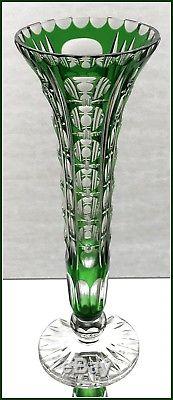 Tall EMERALD GREEN Footed Trumpet Vase CUT TO CLEAR CRYSTAL Germany NACHTMANN