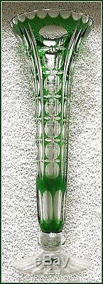 Tall EMERALD GREEN Footed Trumpet Vase CUT TO CLEAR CRYSTAL Germany NACHTMANN