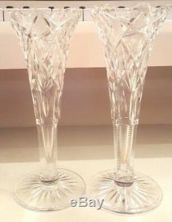 Two 8 Inch Trumpet American Brilliant Cut Crystal Bud Vases With Teethed Edges