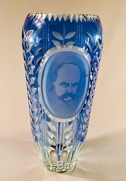 Ukranian Cameo Shevchenko Portrait Diamond Cut Blue To Clear Large Crystal Vase