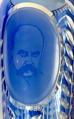 Ukranian Cameo Shevchenko Portrait Diamond Cut Blue To Clear Large Crystal Vase