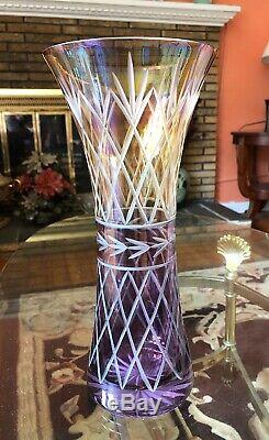 Unique Bill Healy designs signed hand cut glass Amber&purple crystal vase 12