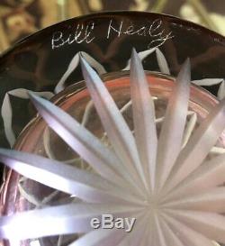Unique Bill Healy designs signed hand cut glass Amber&purple crystal vase 12