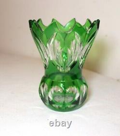 Unique vintage Bohemian Czech green cut to clear glass crystal flower vase