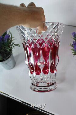 VAL SAINT LAMBERT Ruby red crystal glass cut vase signed