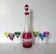 Val St Lambert Crystal Cranberry Red Cut Clear Decanter + 6 Cordial Glasses