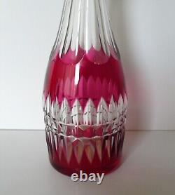 VAL ST LAMBERT Crystal Cranberry Red Cut Clear Decanter + 6 Cordial Glasses