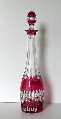 VAL ST LAMBERT Crystal Cranberry Red Cut Clear Decanter + 6 Cordial Glasses