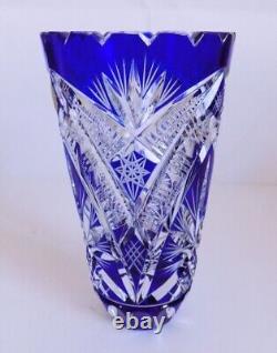 VEB Kunst U. Gebrauchs Glaser Cobalt Blue Cut To Clear Crystal Vase 7 1/4