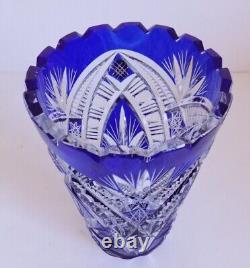 VEB Kunst U. Gebrauchs Glaser Cobalt Blue Cut To Clear Crystal Vase 7 1/4