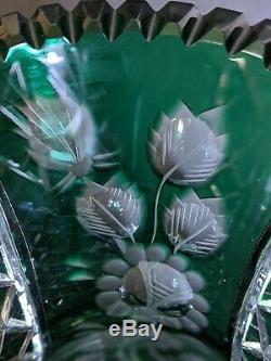 VINTAGE BOHEMIA EMERALD GREEN CUT to Clear CRYSTAL VASE CORSET 11