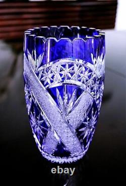 VINTAGE Bohemian Czech Cobalt Blue Cut to Clear Tall Lead Crystal Vase HEAVY