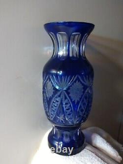 VINTAGE CUT TO CLEAR Bohemian COBALT BLUE Crystal Glass VASE 12 Tall BEAUTIFUL