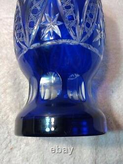 VINTAGE CUT TO CLEAR Bohemian COBALT BLUE Crystal Glass VASE 12 Tall BEAUTIFUL