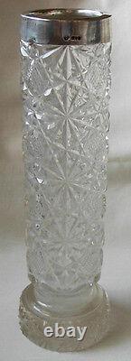 VINTAGE ENGLISH CLEAR CUT GLASS CRYSTAL VASE With STERLING SILVER RIM LONDON 1961