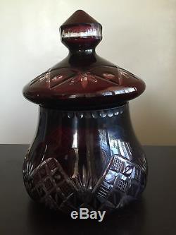 VTG Antique Bohemian Czech Cut Cranberry To Clear Crystal Art Glass Lid Jar Vase