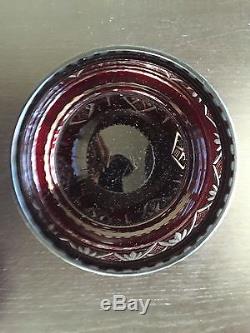 VTG Antique Bohemian Czech Cut Cranberry To Clear Crystal Art Glass Lid Jar Vase