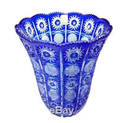 VTG Cesar Crystal Bohemiae Blue Cobalt Vase Art Glass Large Cut To Clear Czech
