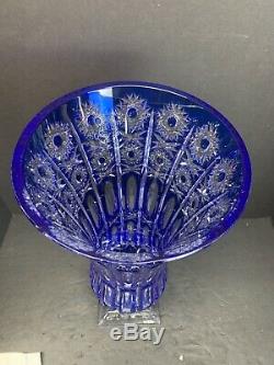 VTG Crystal Bohemiae Blue Cobalt Heavy Vase Art Glass Cut Clear Czech 16 Tall