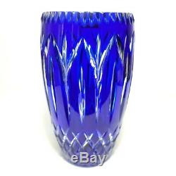 VTG Crystal Clear Industries Art Glass Blue Cobalt Vase Cut To Clear 10 Tall