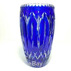 VTG Crystal Clear Industries Art Glass Blue Cobalt Vase Cut To Clear 10 Tall
