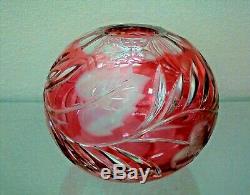 VTG ROSE BOWL VASE Czech Ruby Red cut to clear Etched Crystal Glass Bohemian