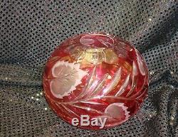 VTG ROSE BOWL VASE Czech Ruby Red cut to clear Etched Crystal Glass Bohemian