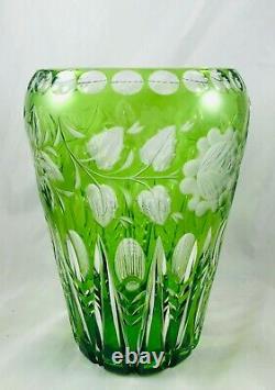 VTG US Zone Germany Beyer Green Cut to Clear Flowers Large Glass Crystal Vase