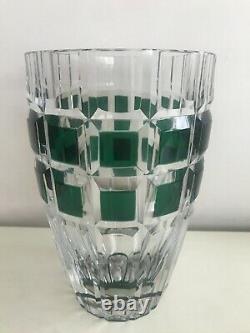 Val Saint Lambert Antique Green Cut to Clear Crystal Vase Art Deco Signed RARE