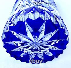 Val Saint Lambert Belgium Blue Crystal Hand-Cut-To-Clear Cylindrical Vase