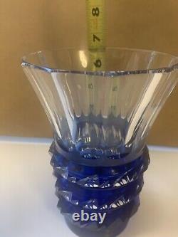 Val St. Lambert Cobalt Blue Cut to Clear Crystal Vase Signed
