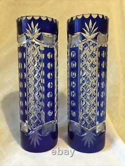 Val St Lambert Cristal Vase pair of vases 32.5 cm high blue cut to clear