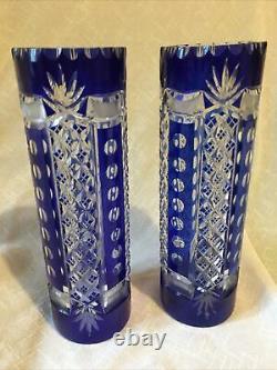 Val St Lambert Cristal Vase pair of vases 32.5 cm high blue cut to clear