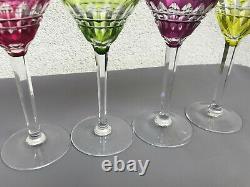 Val St Lambert Four Beautiful Colored Cut Crystal Wine Glasses Signed