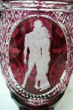 Varga Crystal Ruby Cut-to-Clear Vase Embracing Lovers 11 Tall GORGEOUS & RARE