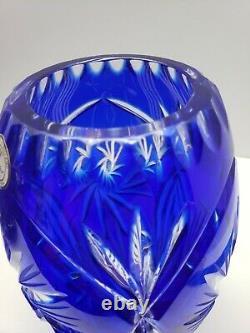 Vase Cobalt Blue 8 Cut To Clear Bohemian Lead Crystal Poland Mid Century Tall