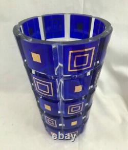 Very Nice Vintage Art Deco MCM Cut Crystal Vase with Cobalt Panels & Gold Accents