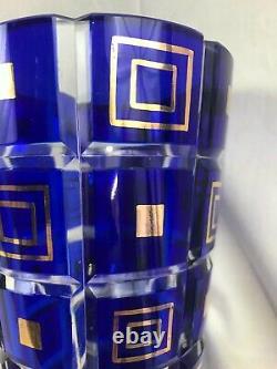 Very Nice Vintage Art Deco MCM Cut Crystal Vase with Cobalt Panels & Gold Accents