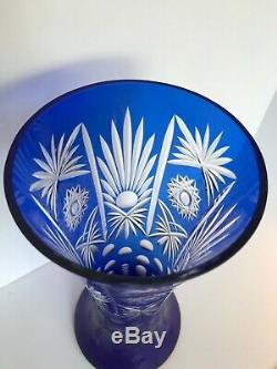 Vintage 11.5 Bohemian Czech Cobalt Blue Cut To Clear Crystal Vase