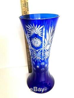 Vintage 11.5 Bohemian Czech Cobalt Blue Cut To Clear Crystal Vase