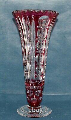 Vintage 11 CRYSTAL Cranberry Red Cut to Clear Crystal Cut Trumpet Vase ABP