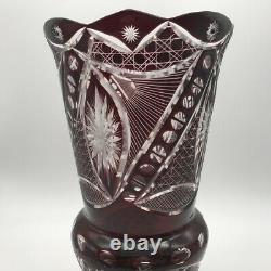 Vintage 12 Bohemian Ruby Cut To Clear Crystal Glass Vase Thumbprint Panels